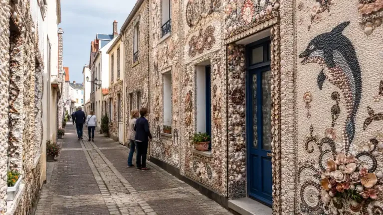 Île Penotte aux Sables-d’Olonne avec ruelle piétonne décorée de fresques en coquillages