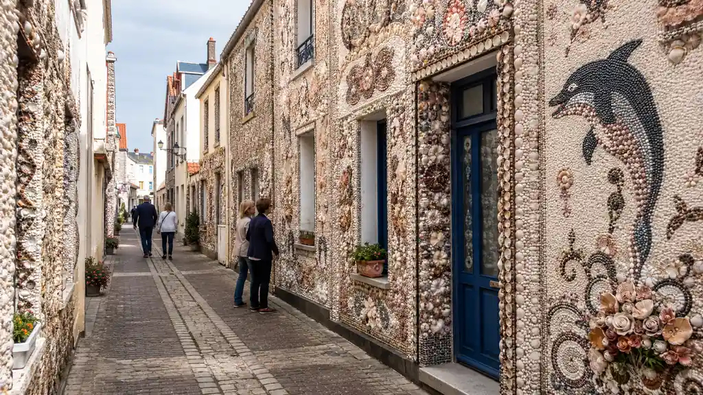 Île Penotte aux Sables-d’Olonne avec ruelle piétonne décorée de fresques en coquillages