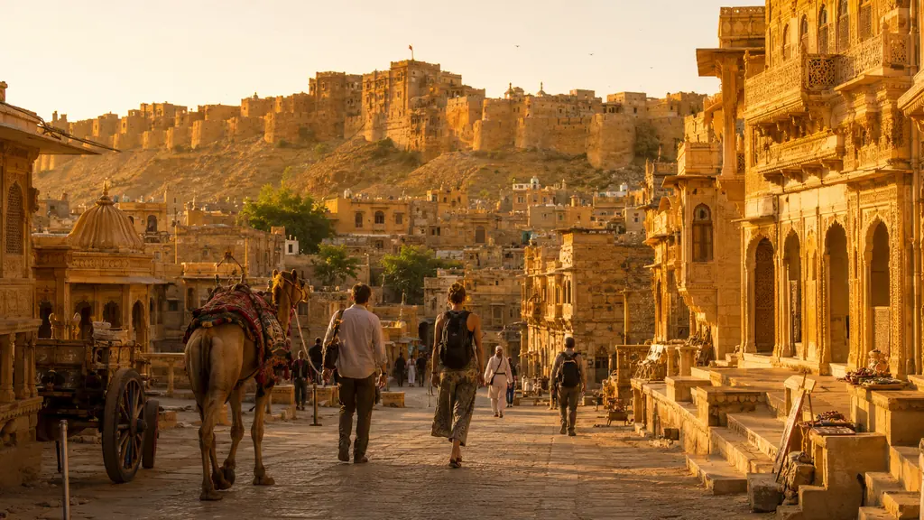 Vue dorée de Jaisalmer au Rajasthan avec fort historique, havelis sculptées et voyageurs dans les ruelles