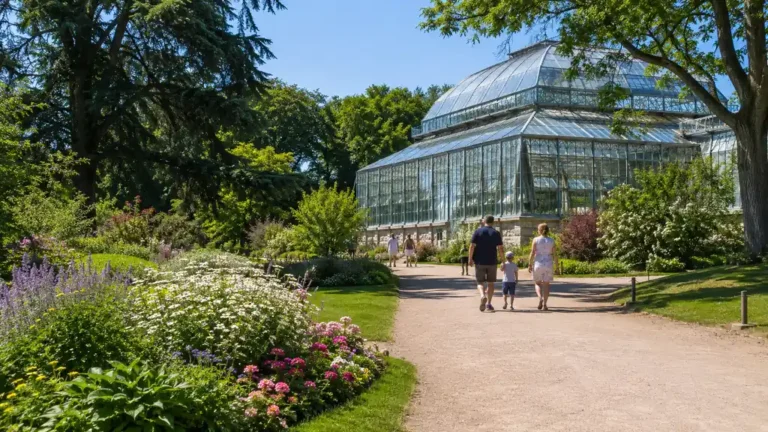 Jardin des Plantes de Rouen avec grande serre, allées fleuries, arbres ombragés et famille en promenade