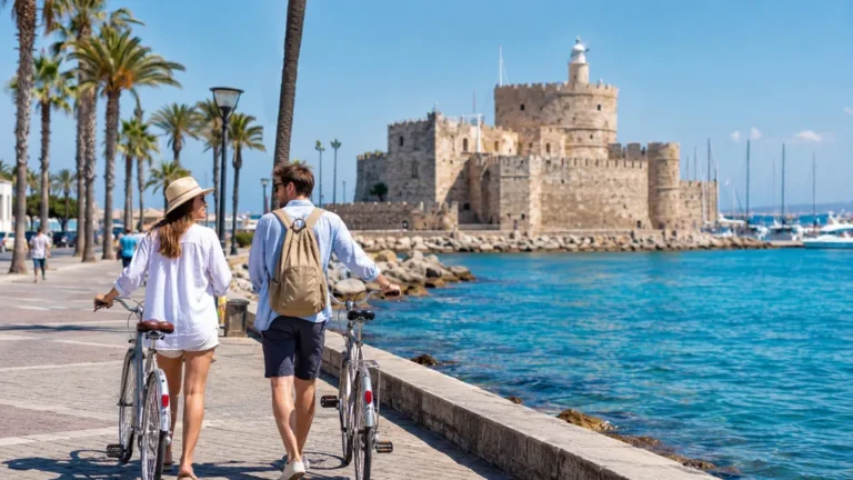 Promenade en vélo sur le port de Kos en Grèce avec mer Égée, palmiers et château des Chevaliers en arrière-plan
