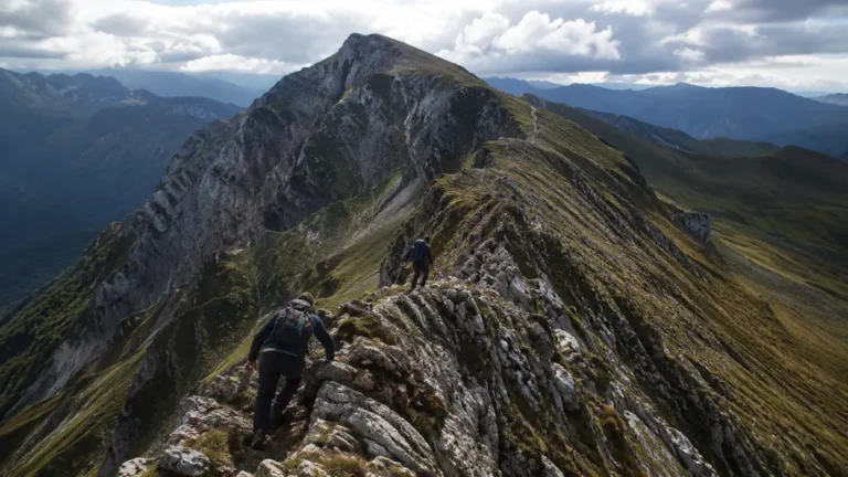 Randonneurs sur une crête rocheuse exposée dans les Pyrénées vers le sommet de La Marère