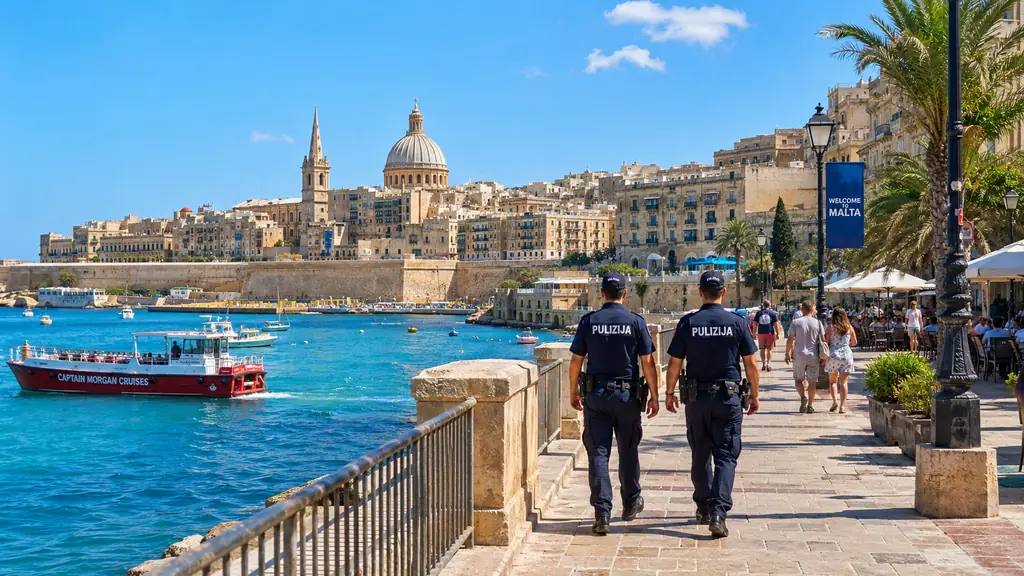 Promenade sécurisée à Malte avec policiers, touristes, port méditerranéen et skyline de La Valette sous le soleil