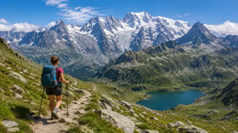 Randonneuse sur un sentier des montagnes françaises avec lac d’altitude, sommets enneigés et panorama alpin.