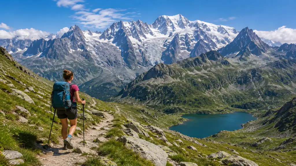 Randonneuse sur un sentier des montagnes françaises avec lac d’altitude, sommets enneigés et panorama alpin.