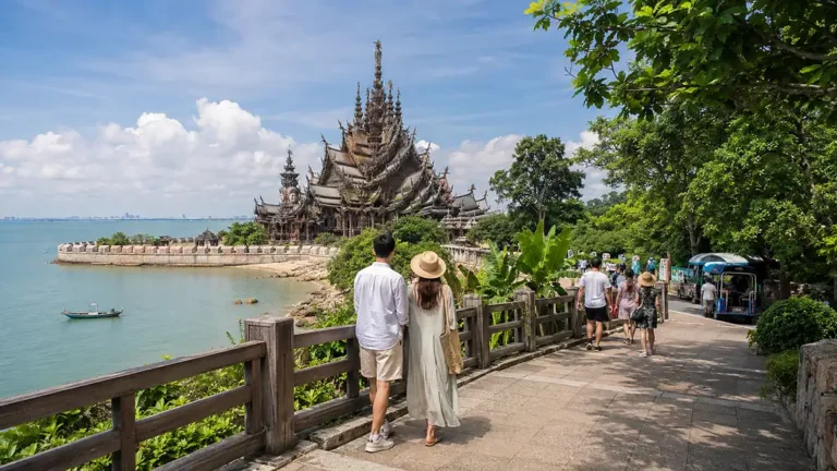 Promenade tropicale à Pattaya avec voyageurs, Sanctuaire de la Vérité, mer du golfe de Thaïlande et végétation luxuriante