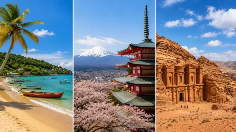 Pays commençant par J avec paysage tropical de Jamaïque, pagode au Japon et site antique en Jordanie.