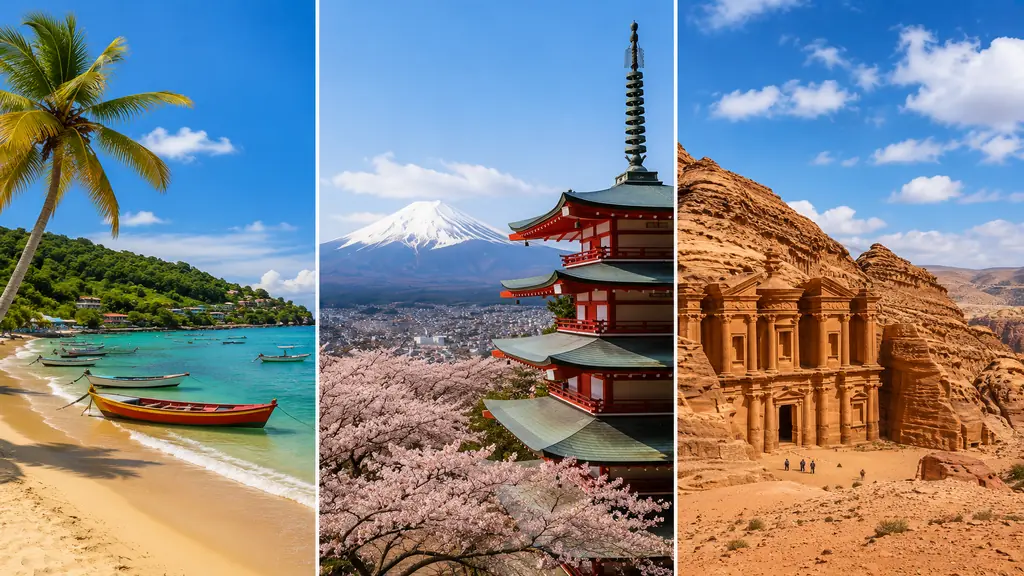 Pays commençant par J avec paysage tropical de Jamaïque, pagode au Japon et site antique en Jordanie.