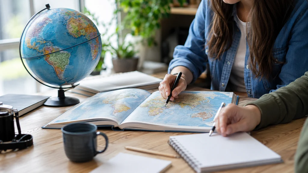 Atlas ouvert et globe terrestre sur une table pour réviser les pays commençant par la lettre M