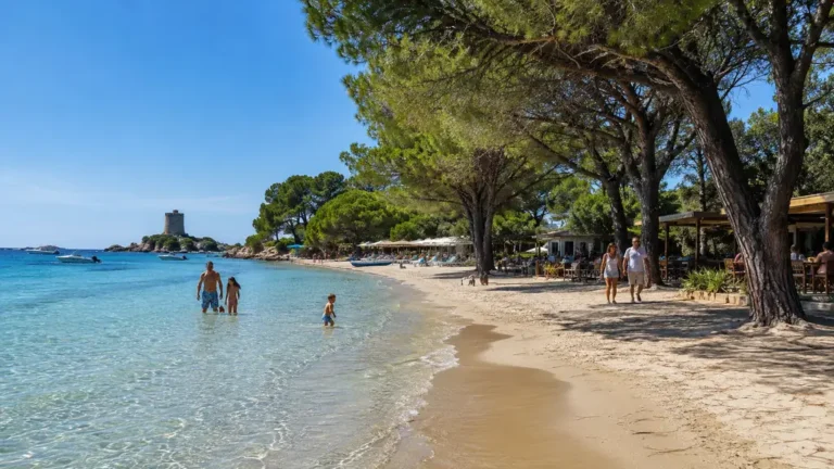 Plage de Pinarello en Corse-du-Sud avec eau turquoise, sable clair, pinède ombragée et tour génoise au loin