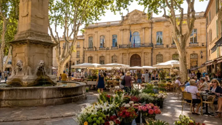 Place des Prêcheurs à Aix-en-Provence avec fontaine, marché provençal et façade du Palais de Justice