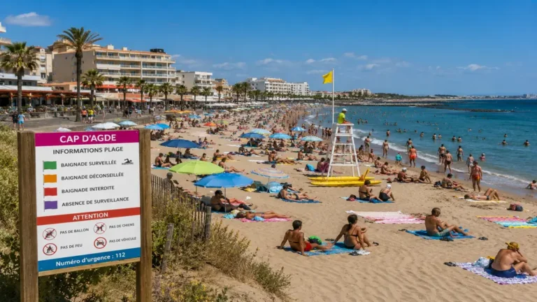Plage très fréquentée au Cap d’Agde en été avec baignade surveillée, parasols et forte affluence en bord de mer.