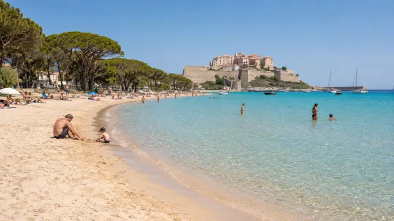 Plage de Calvi avec sable fin, eau turquoise, pins maritimes et citadelle en arrière-plan
