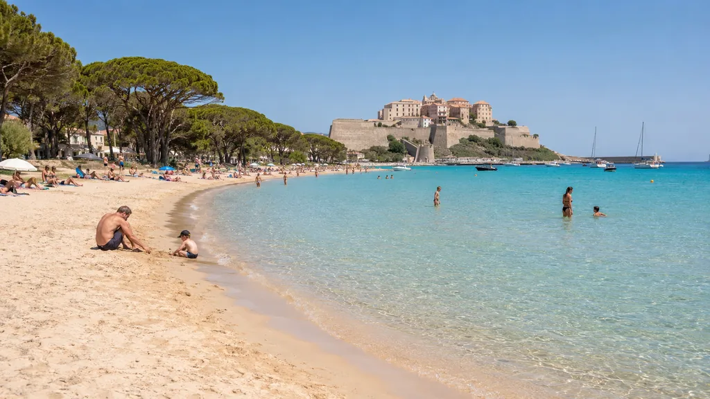 Plage de Calvi avec sable fin, eau turquoise, pins maritimes et citadelle en arrière-plan