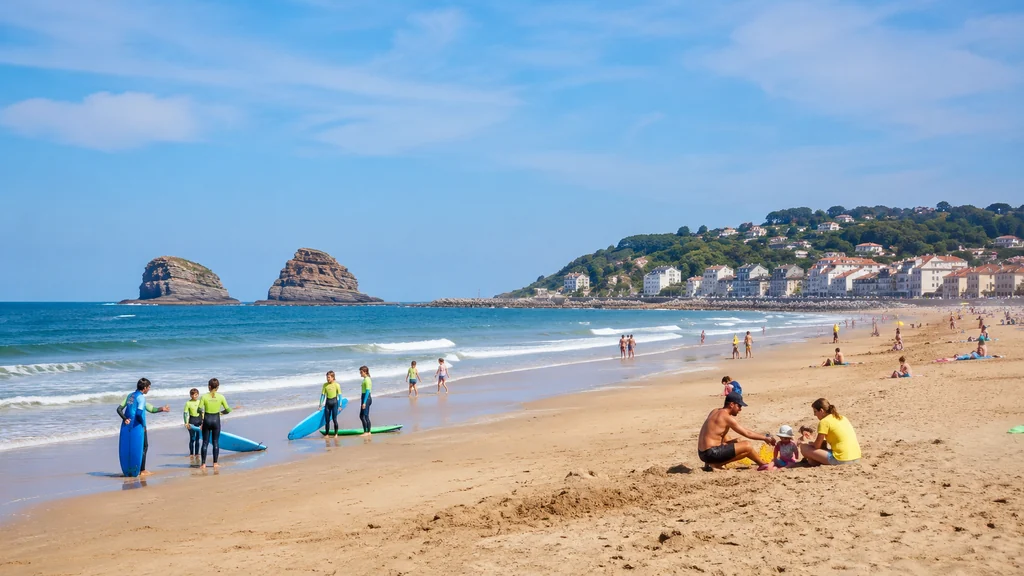 Grande plage d’Hendaye au Pays basque avec sable fin, familles, surfeurs débutants et rochers des Deux Jumeaux