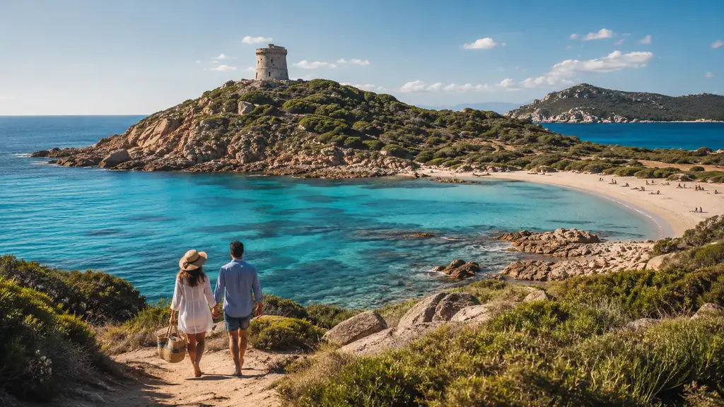 Vue panoramique sur la plage de Fautea en Corse-du-Sud avec eau turquoise, maquis et tour génoise dominant le littoral