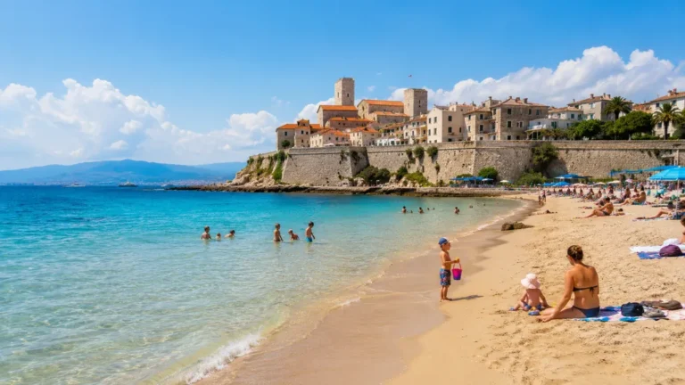 Plage de la Salis à Antibes avec sable clair, eau turquoise et vue sur le vieil Antibes