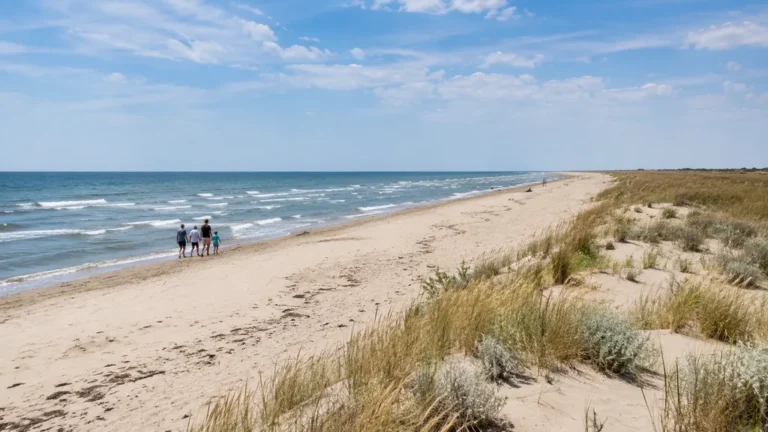 Plage de Piémanson en Camargue avec longue étendue de sable sauvage, dunes et mer Méditerranée