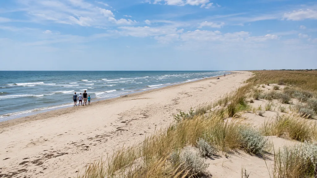 Plage de Piémanson en Camargue avec longue étendue de sable sauvage, dunes et mer Méditerranée