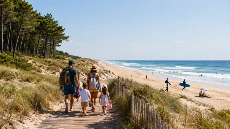 Plage de Soustons avec famille traversant les dunes landaises vers l’océan, forêt de pins, sable fin et surfeurs