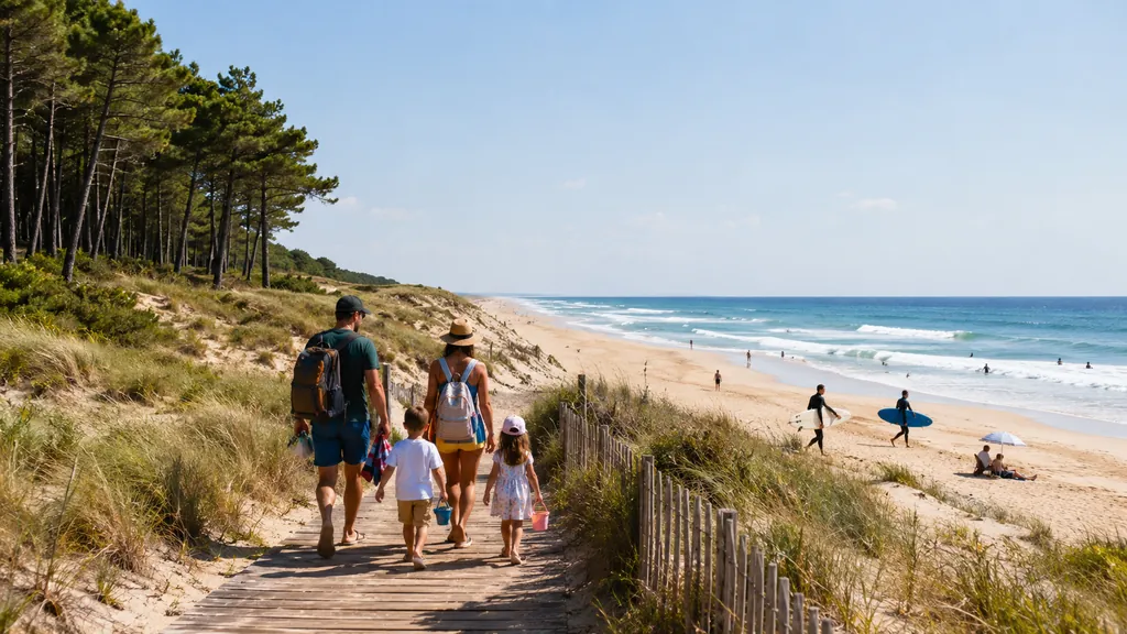 Plage de Soustons avec famille traversant les dunes landaises vers l’océan, forêt de pins, sable fin et surfeurs
