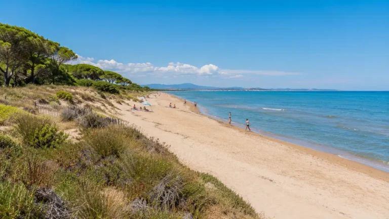 Plage des Aresquiers à Frontignan avec sable fin, dunes, pinède et mer Méditerranée en été