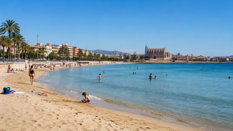Plage de Palma de Majorque avec sable fin, eau calme, baigneurs et cathédrale en arrière-plan