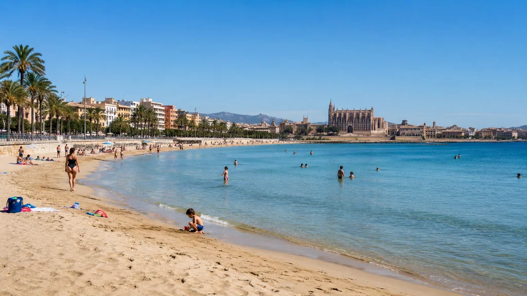 Plage de Palma de Majorque avec sable fin, eau calme, baigneurs et cathédrale en arrière-plan