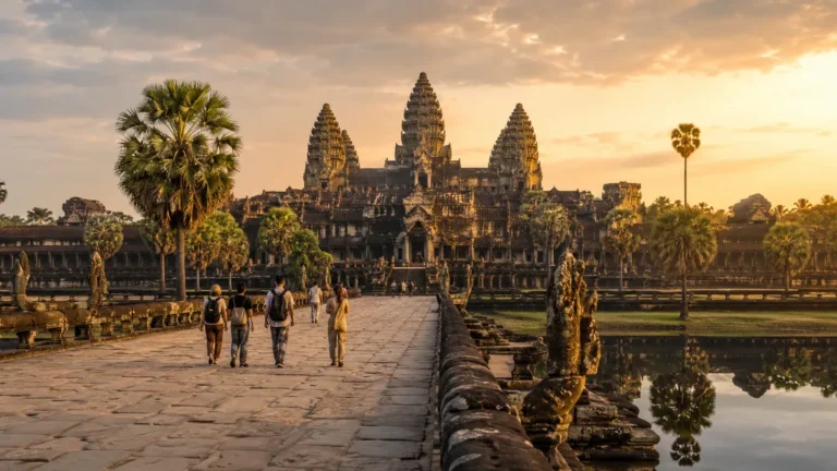 Prasat Angkor Wat au Cambodge au lever du soleil avec temple khmer, bassins de reflet et visiteurs sur la chaussée