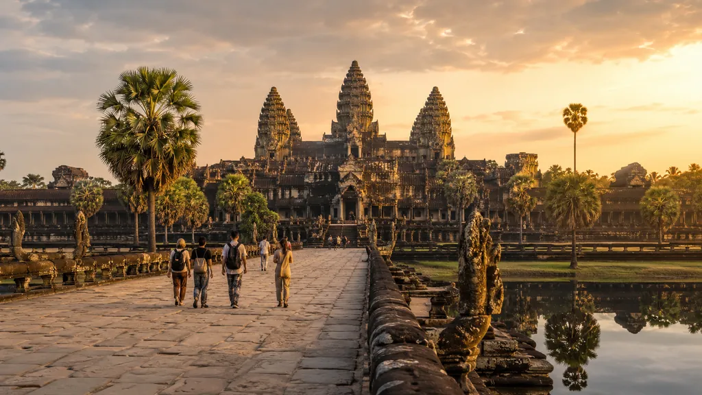 Prasat Angkor Wat au Cambodge au lever du soleil avec temple khmer, bassins de reflet et visiteurs sur la chaussée