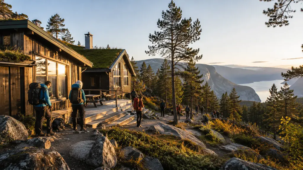 Randonneurs devant un lodge de montagne près du départ du Preikestolen avec vue sur les paysages du Lysefjord en Norvège