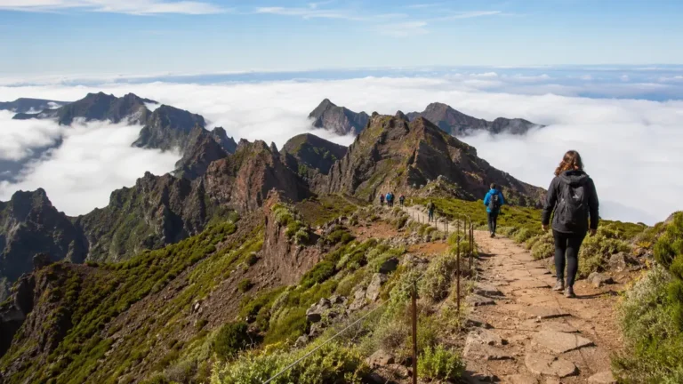 Randonneurs sur les crêtes volcaniques de Madère au-dessus d’une mer de nuages