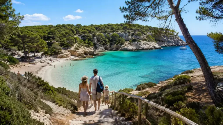 Crique turquoise de Minorque avec famille sur un sentier côtier, pins méditerranéens et eau transparente