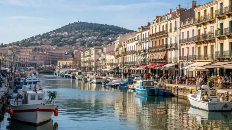 Canal Royal de Sète en Occitanie avec bateaux, façades colorées, terrasses animées et mont Saint-Clair en arrière-plan