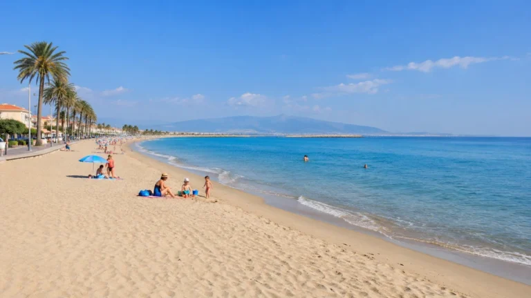 Sainte-Marie Plage avec sable fin, mer Méditerranée calme, promenade bordée de palmiers et familles en été