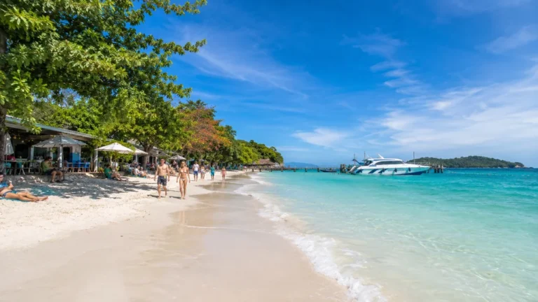 Plage tropicale de Koh Samet en Thaïlande avec sable blanc, eau turquoise, voyageurs et bateau près du rivage