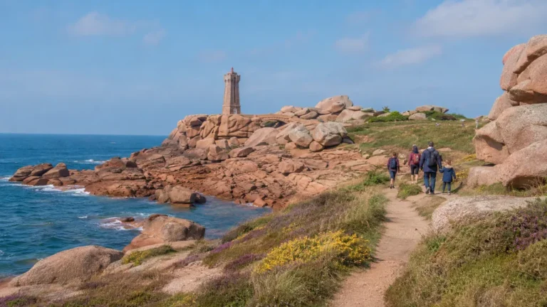 Sentier des douaniers de Ploumanac’h avec rochers de granit rose, phare de Mean Ruz et vue sur la mer