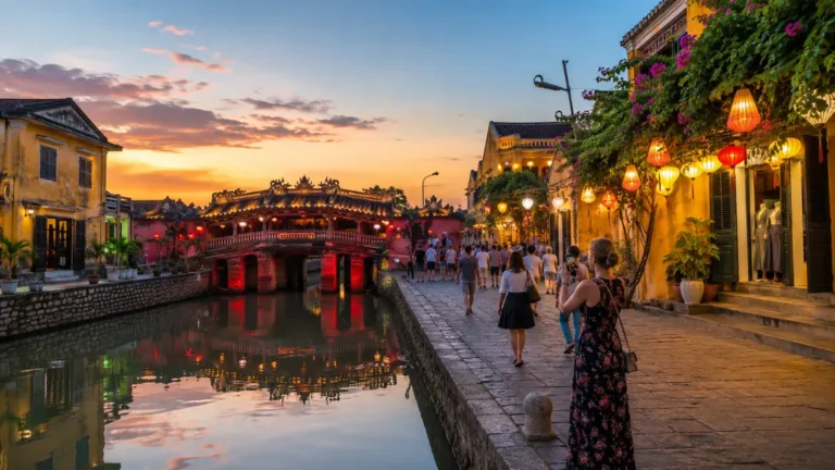 Vieille ville de Hoi An au Vietnam au coucher du soleil avec lanternes colorées, canal et pont japonais illuminé