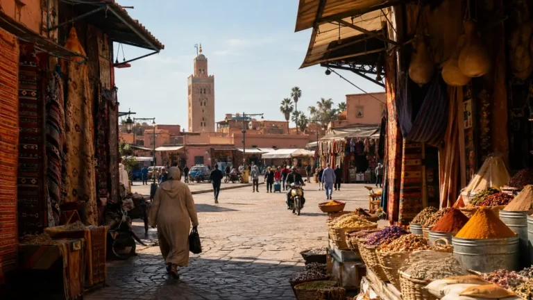 Souks animés de Marrakech avec étals d’épices, ruelles de la médina et minaret de la Koutoubia
