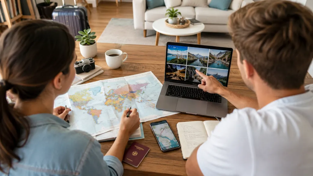 Couple préparant un voyage avec ordinateur, carte du monde, passeports et photos de destinations touristiques