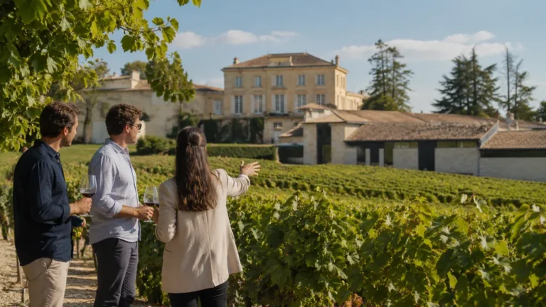 Visiteurs dégustant du vin dans les vignes du Château Figeac à Saint-Émilion avec le domaine viticole en arrière-plan.
