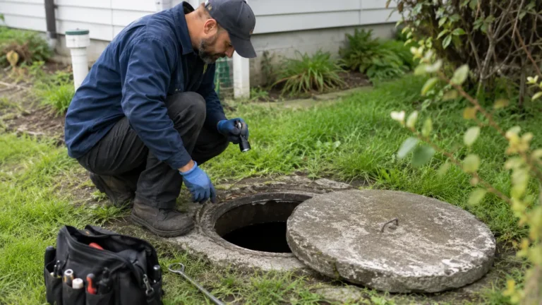 Technicien inspectant une ancienne fosse septique en béton ouverte dans un jardin
