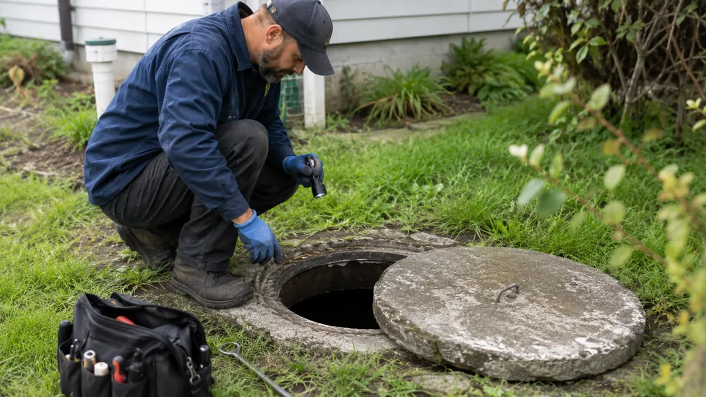 Technicien inspectant une ancienne fosse septique en béton ouverte dans un jardin