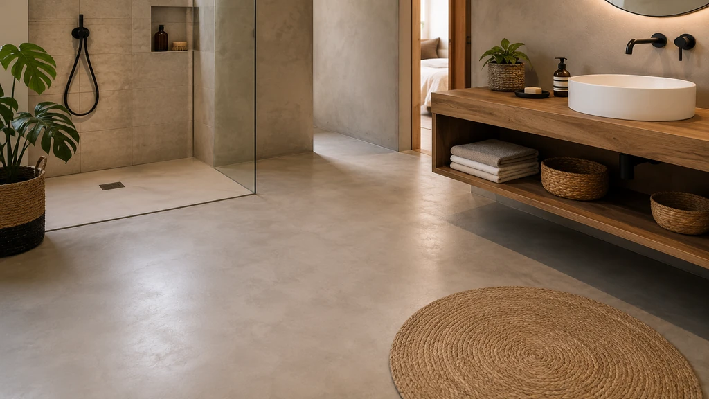 Salle de bain moderne avec sol en béton ciré appliqué sur carrelage et douche à l’italienne