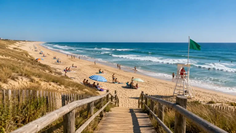 Vue sur une plage surveillée de Biscarrosse avec dunes, océan Atlantique et baigneurs