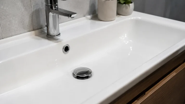 Lavabo moderne avec bonde clic clac chromée et robinetterie contemporaine
