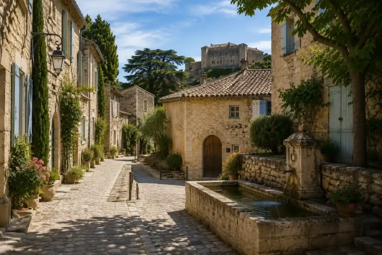Ruelle en pierre de Cabrières-d’Avignon avec fontaine, maisons provençales et château en arrière-plan