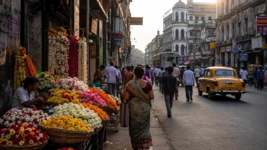 Marché aux fleurs animé dans une rue de Kolkata avec habitants, tramway et taxi jaune