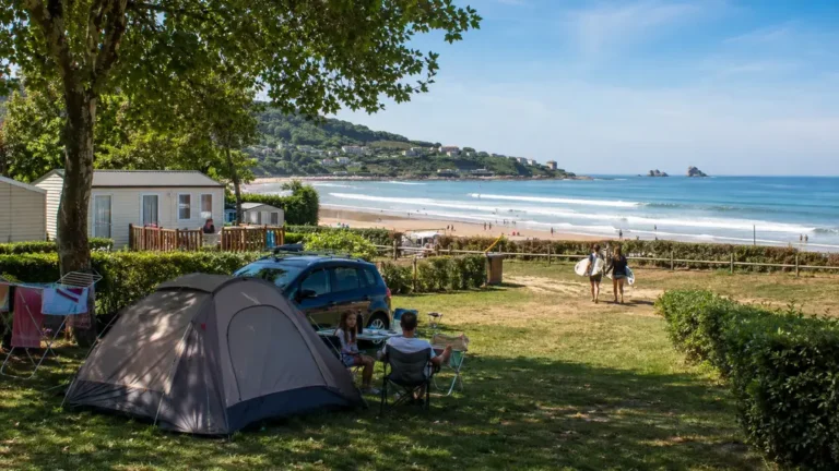 Camping à Hendaye près de la plage avec tentes, mobil-homes et surfeurs face à l’océan