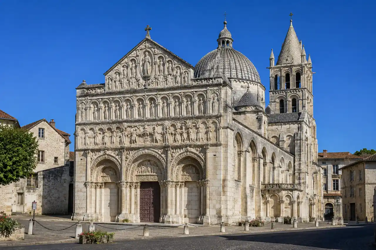 Façade romane sculptée de la cathédrale Saint-Pierre d’Angoulême sous un ciel bleu